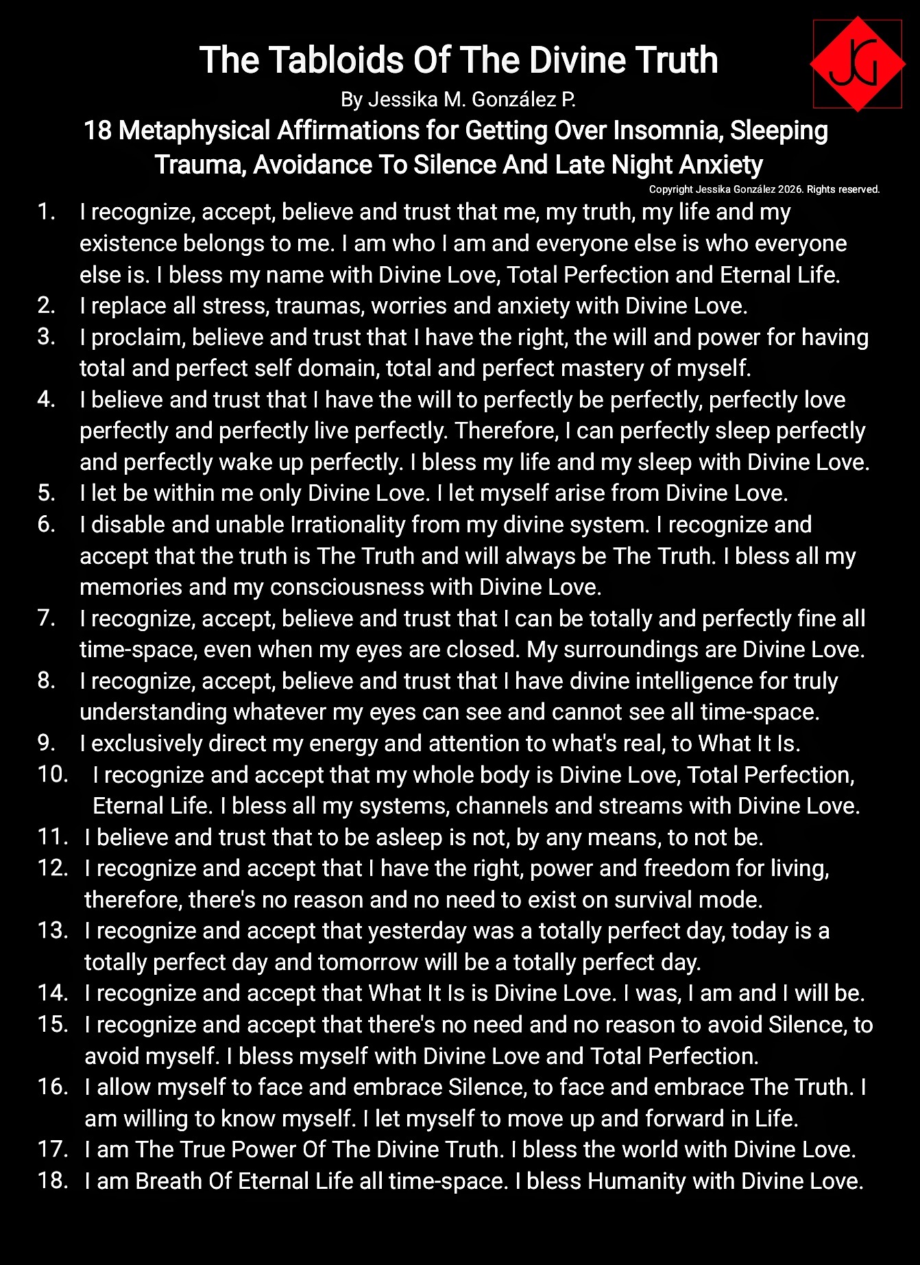 18 Metaphysical Affirmations for Getting Over Insomnia, Sleeping Trauma, Avoidance To Silence And Late Night Anxiety by Jessika M.G.P.